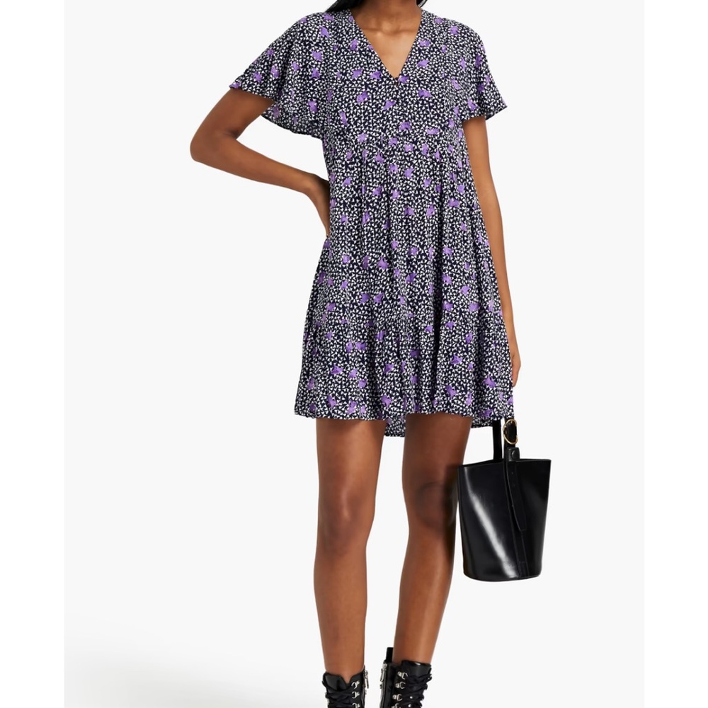 Maje Gathered Floral Print Crepe Mini Dress